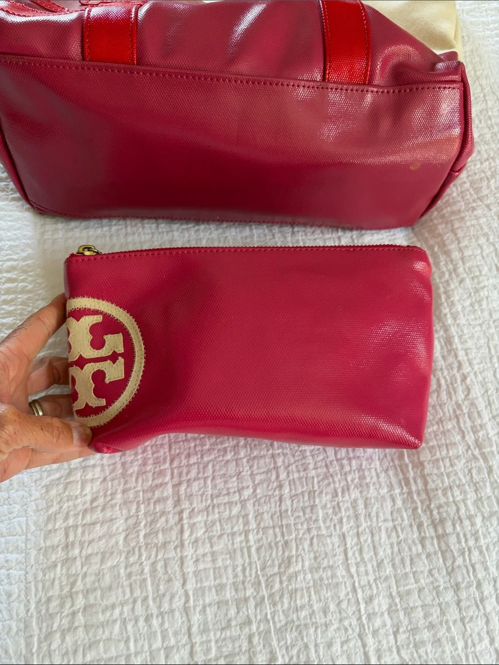 Tory Burch Set Red and Cream Canvas Tote with Patent Trim & Make up bag